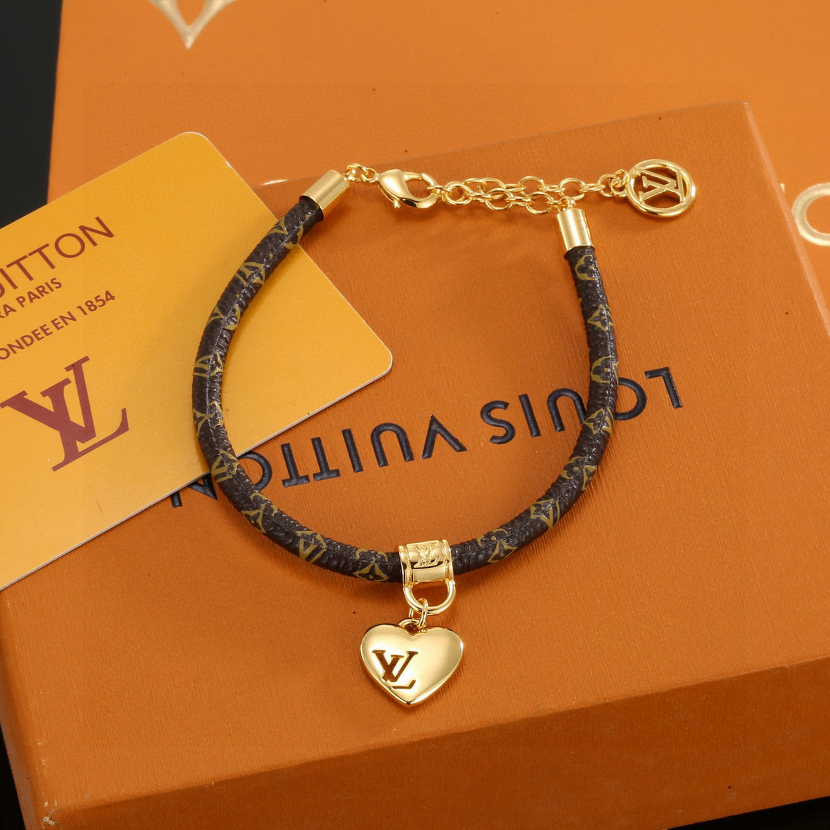 Geometric Emblem Bangle in Gold-Tone – Leather Detail – Design 004 styled product view
