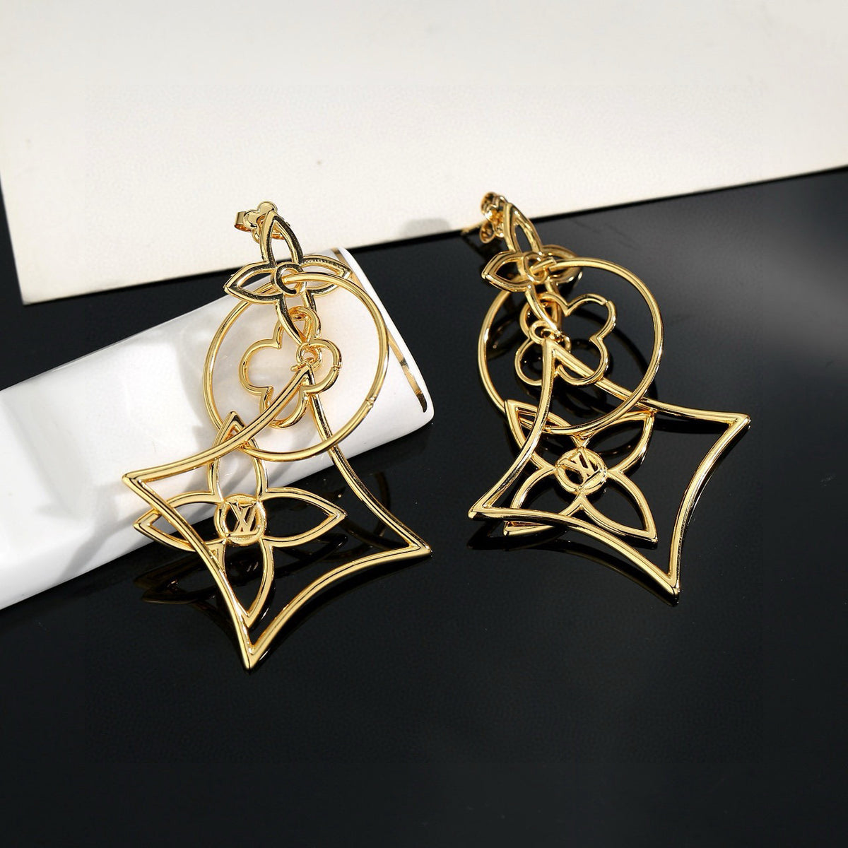 Letter Emblem Stud Earrings in Polished Metal-Tone – Design 018 front product view