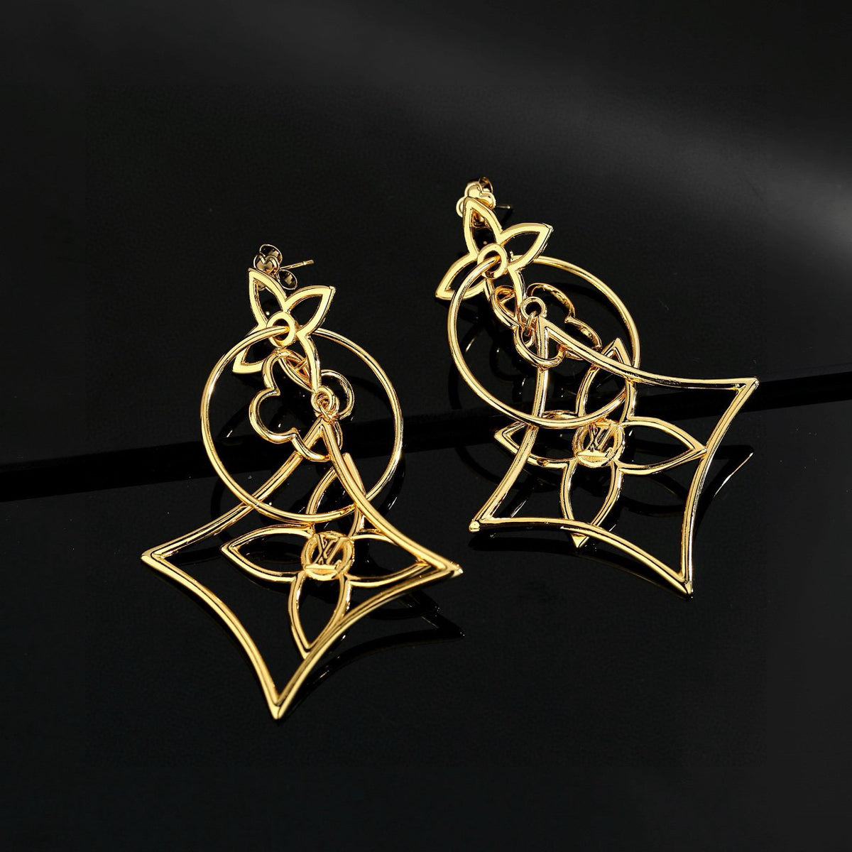 Letter Emblem Stud Earrings in Polished Metal-Tone – Design 018 styled product view