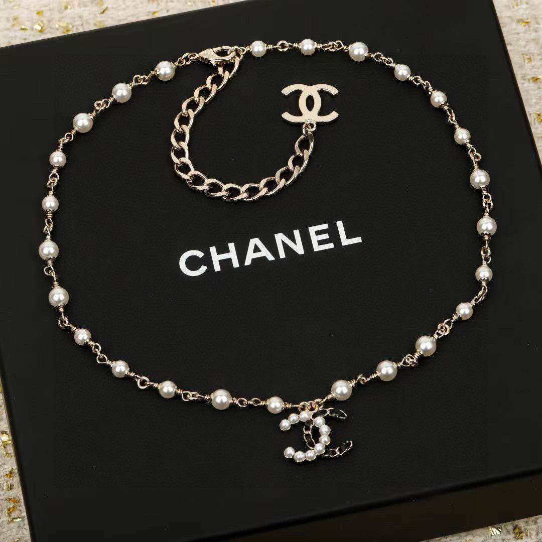 Double-C Emblem Pearl-Detail Pendant Necklace – Pearl Detail – Design 053 main product view