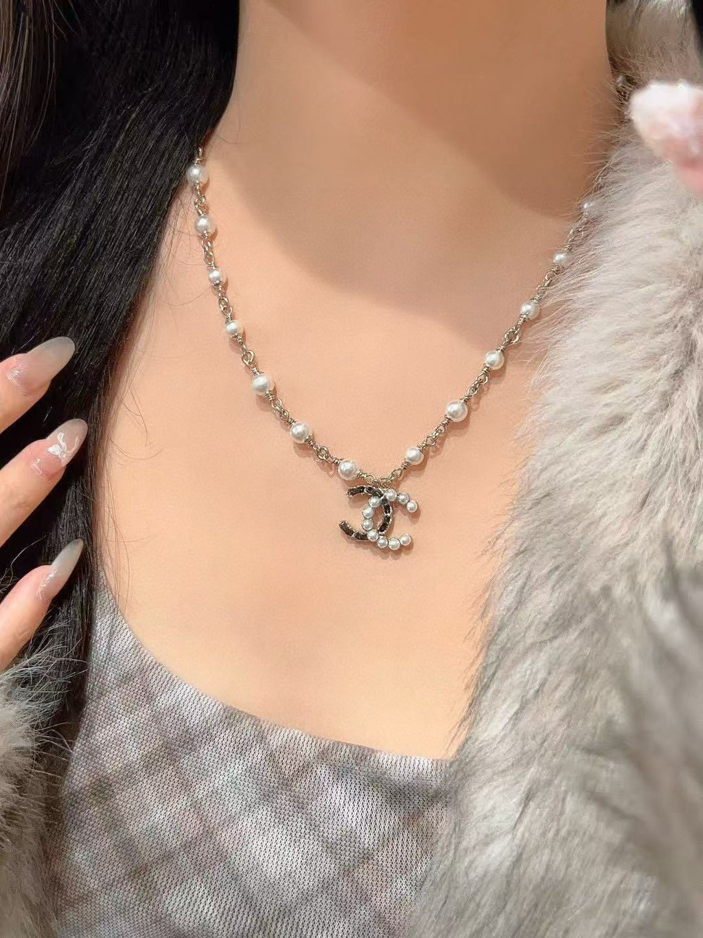 Double-C Emblem Pearl-Detail Pendant Necklace – Pearl Detail – Design 053 styled product view