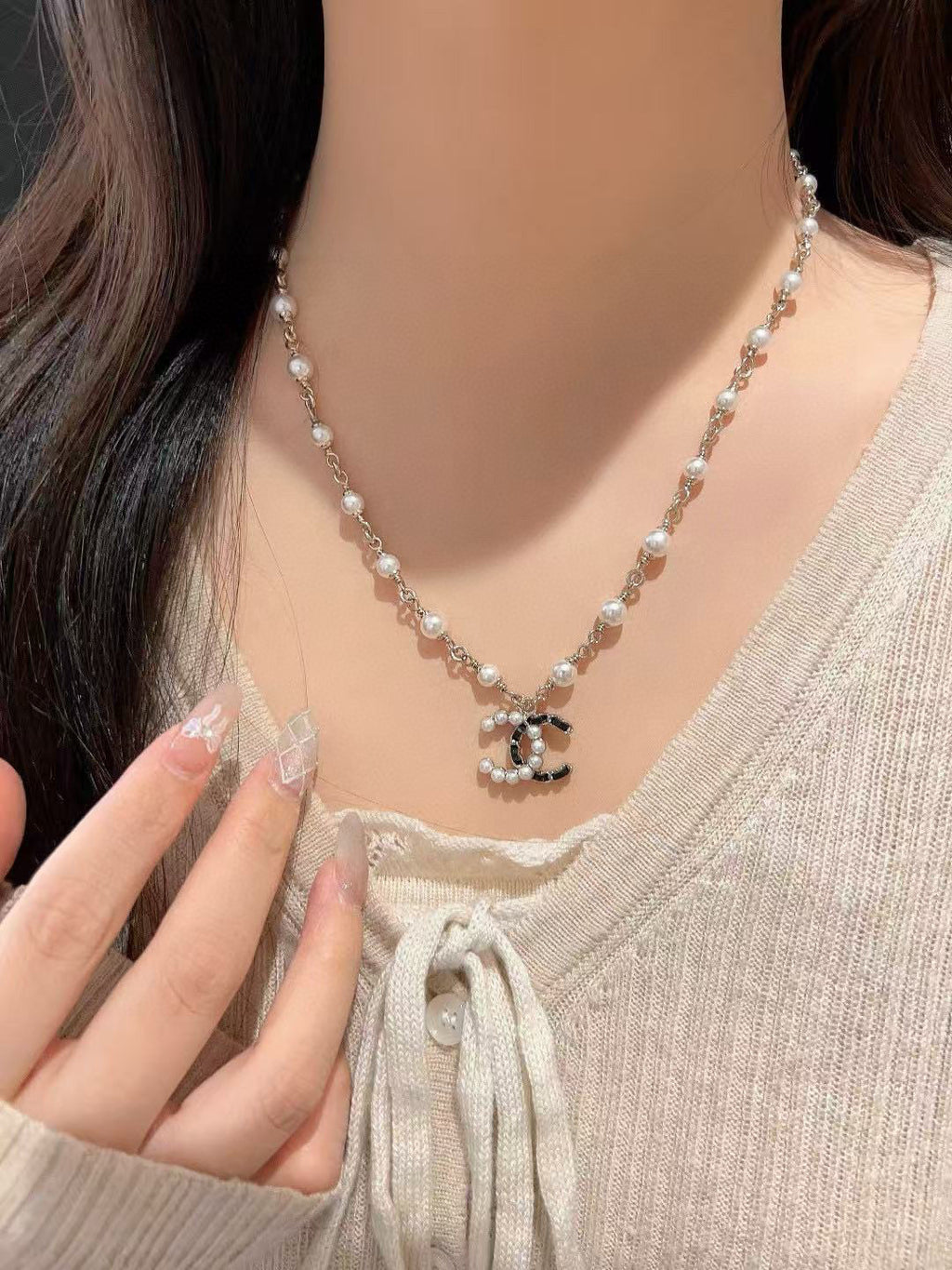 Double-C Emblem Pearl-Detail Pendant Necklace – Pearl Detail – Design 053 close-up detail