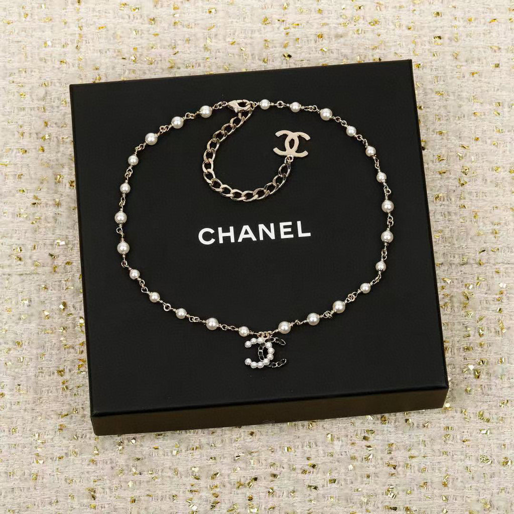 Double-C Emblem Pearl-Detail Pendant Necklace – Pearl Detail – Design 053 front product view