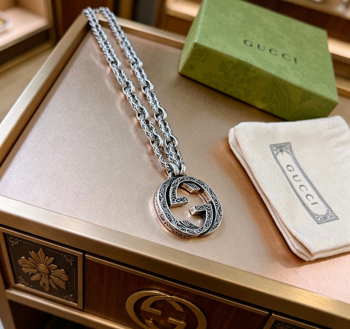 Double-G Emblem Pendant Necklace in Polished Metal-Tone – Design 118 main product view