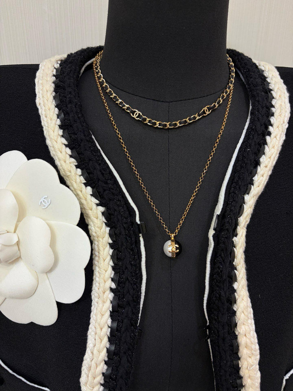 Double-C Emblem Pearl-Detail Pendant Necklace – Pearl Detail – Design 064 detail view