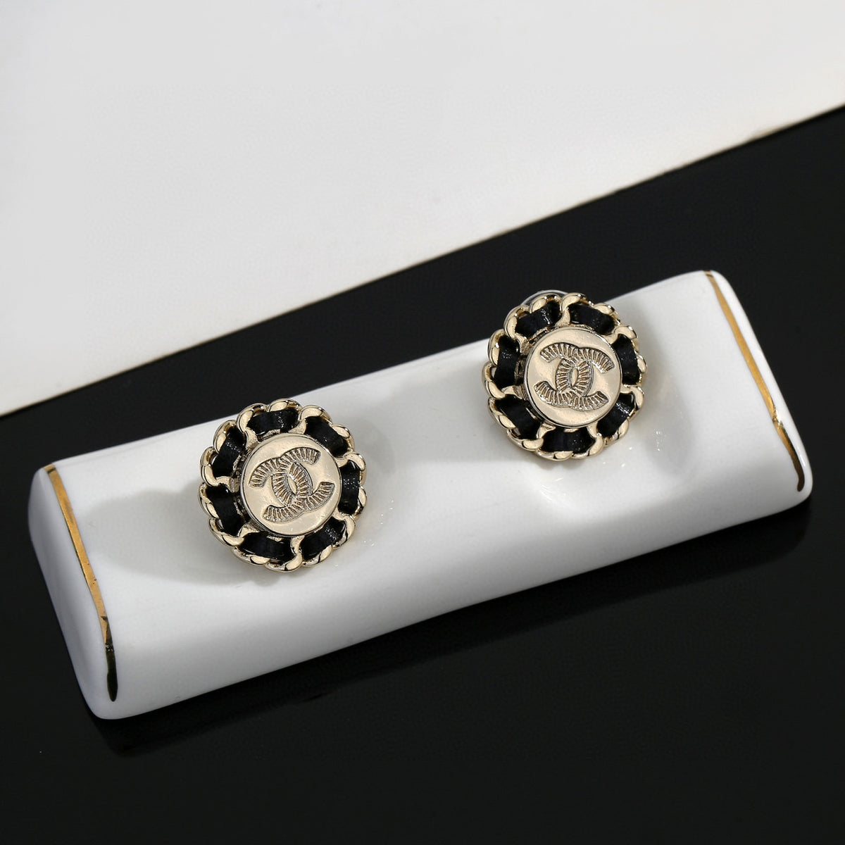 Double-C Emblem Stud Earrings in Gold-Tone – Design 017 front product view
