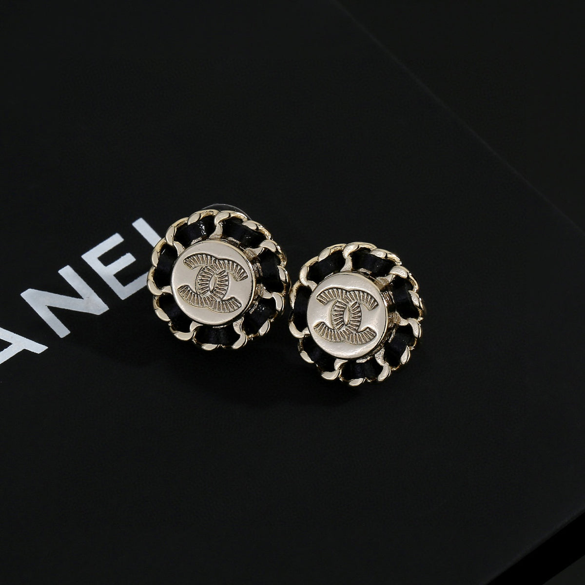 Double-C Emblem Stud Earrings in Gold-Tone – Design 017 detail view