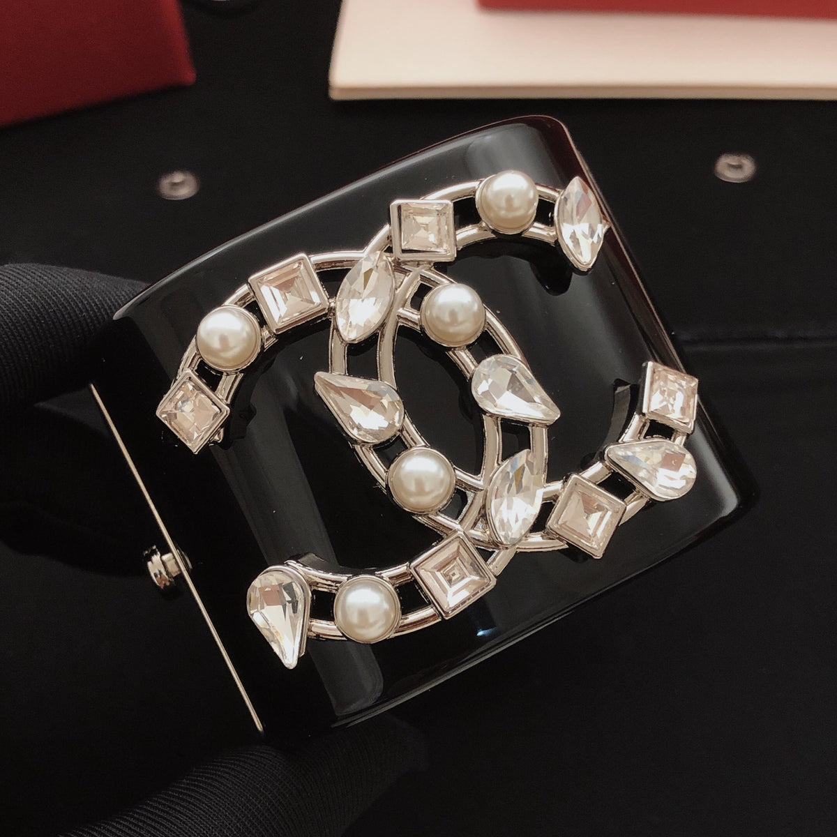 Signature Emblem Bangle in Silver-Tone – Black Detail – Design 004 styled product view