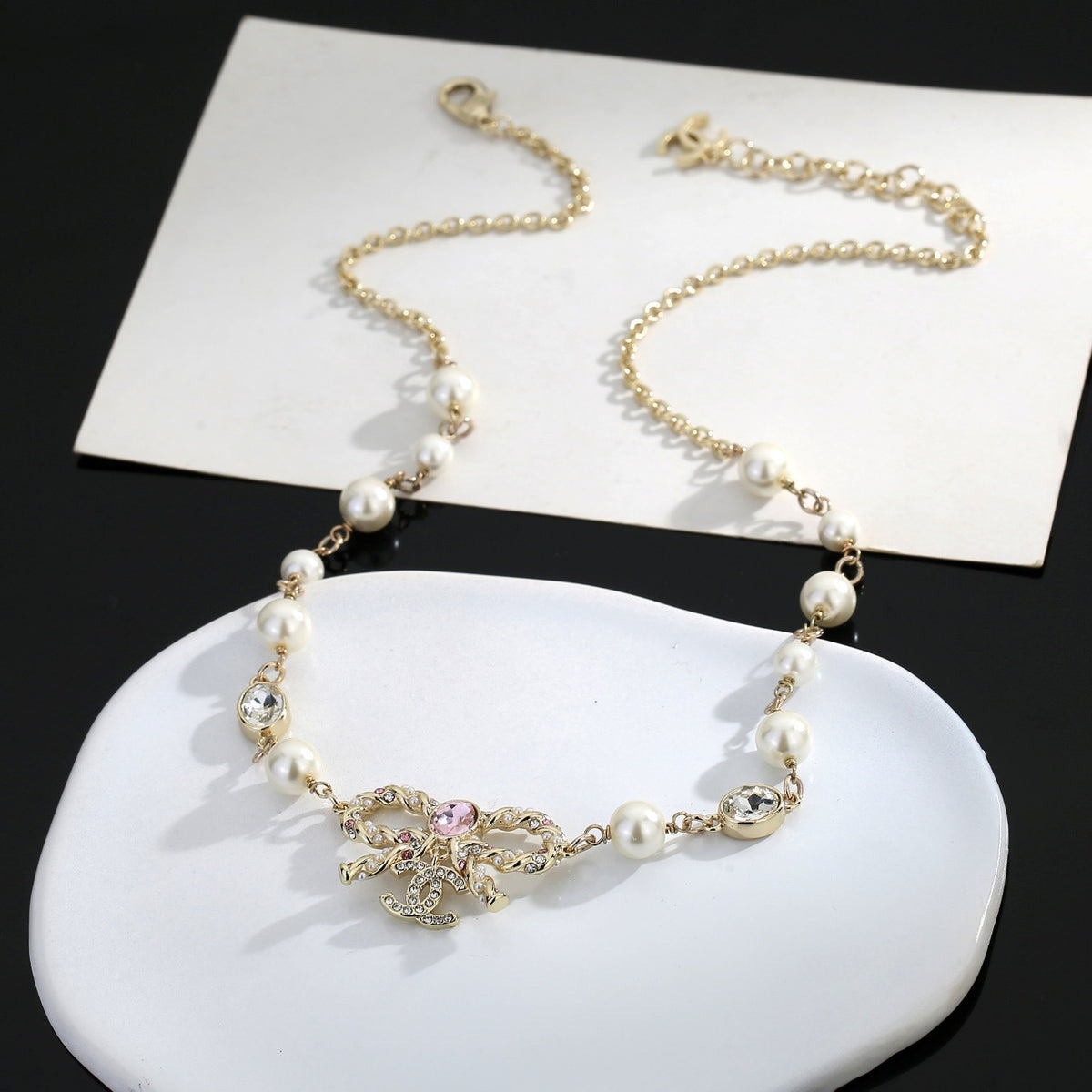 Bow Pearl-Detail Pendant Necklace – Pearl Detail – Design 005 styled product view