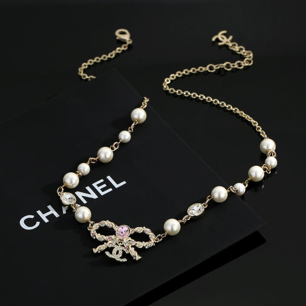 Bow Pearl-Detail Pendant Necklace – Pearl Detail – Design 005 front product view