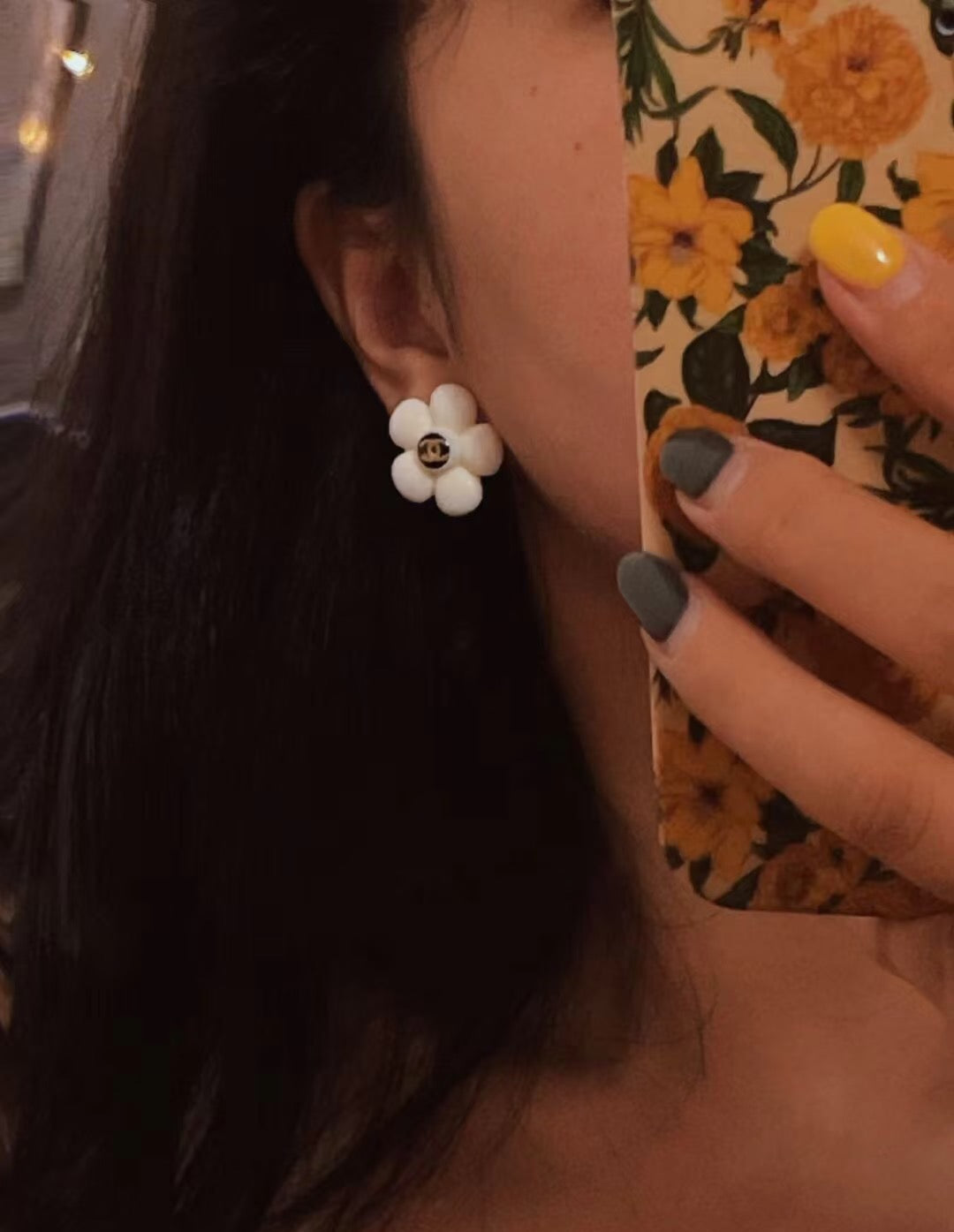 Camellia Stud Earrings in Polished Metal-Tone – Camellia Detail – Design 040 side detail
