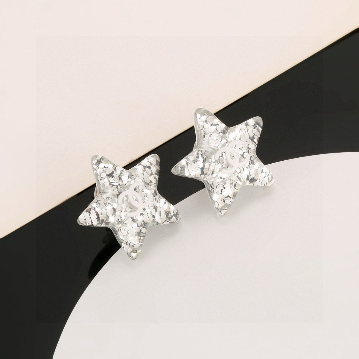 Double-C Emblem Stud Earrings in Silver-Tone – Star Detail – Design 003 front product view