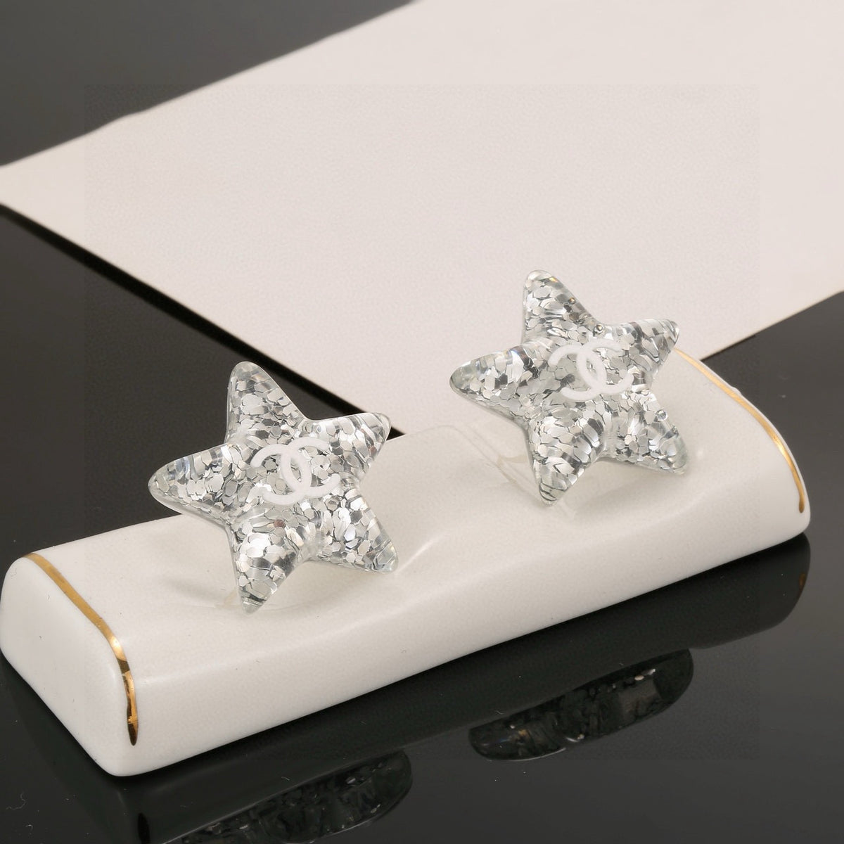 Double-C Emblem Stud Earrings in Silver-Tone – Star Detail – Design 003 front product view