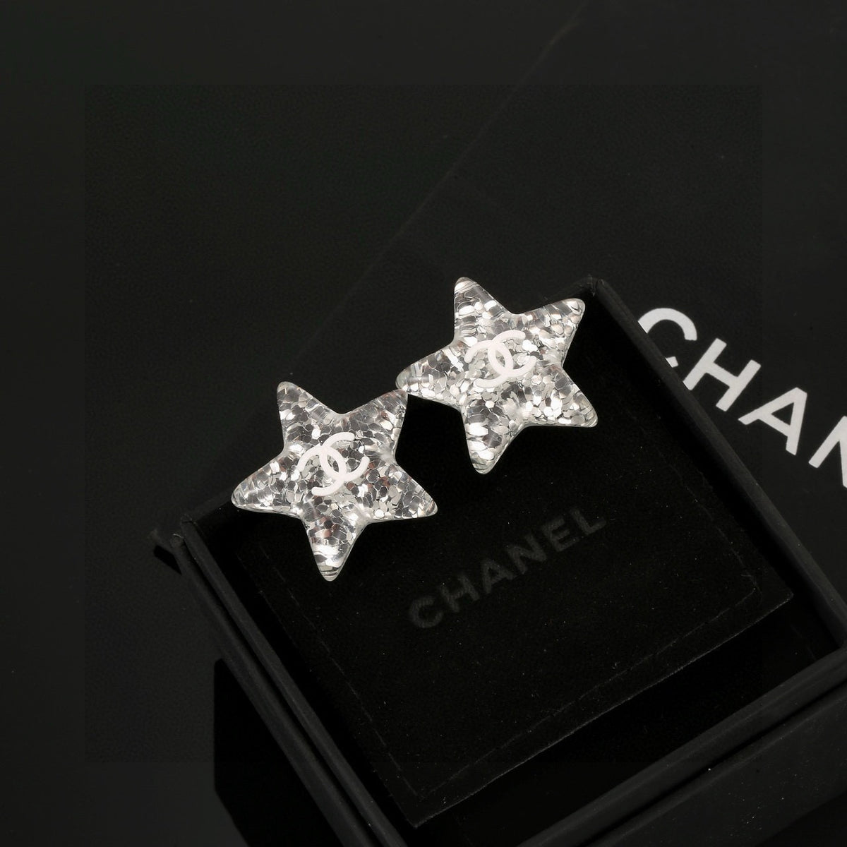 Double-C Emblem Stud Earrings in Silver-Tone – Star Detail – Design 003 main product view