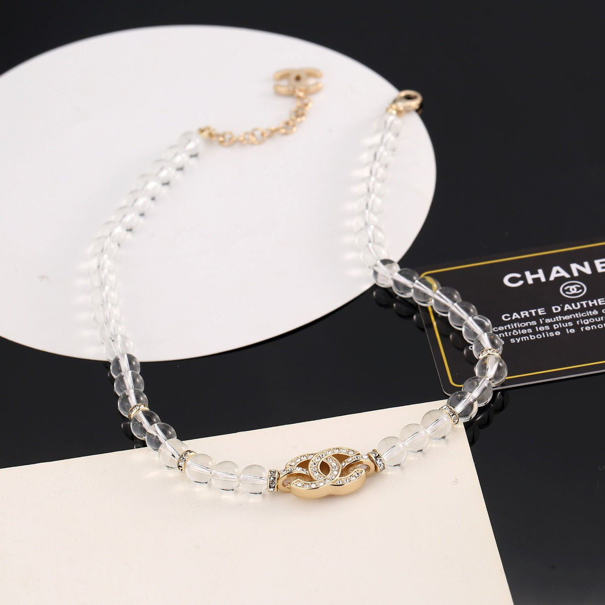 Double-C Emblem Pendant Necklace in Polished Metal-Tone – Design 031 detail view