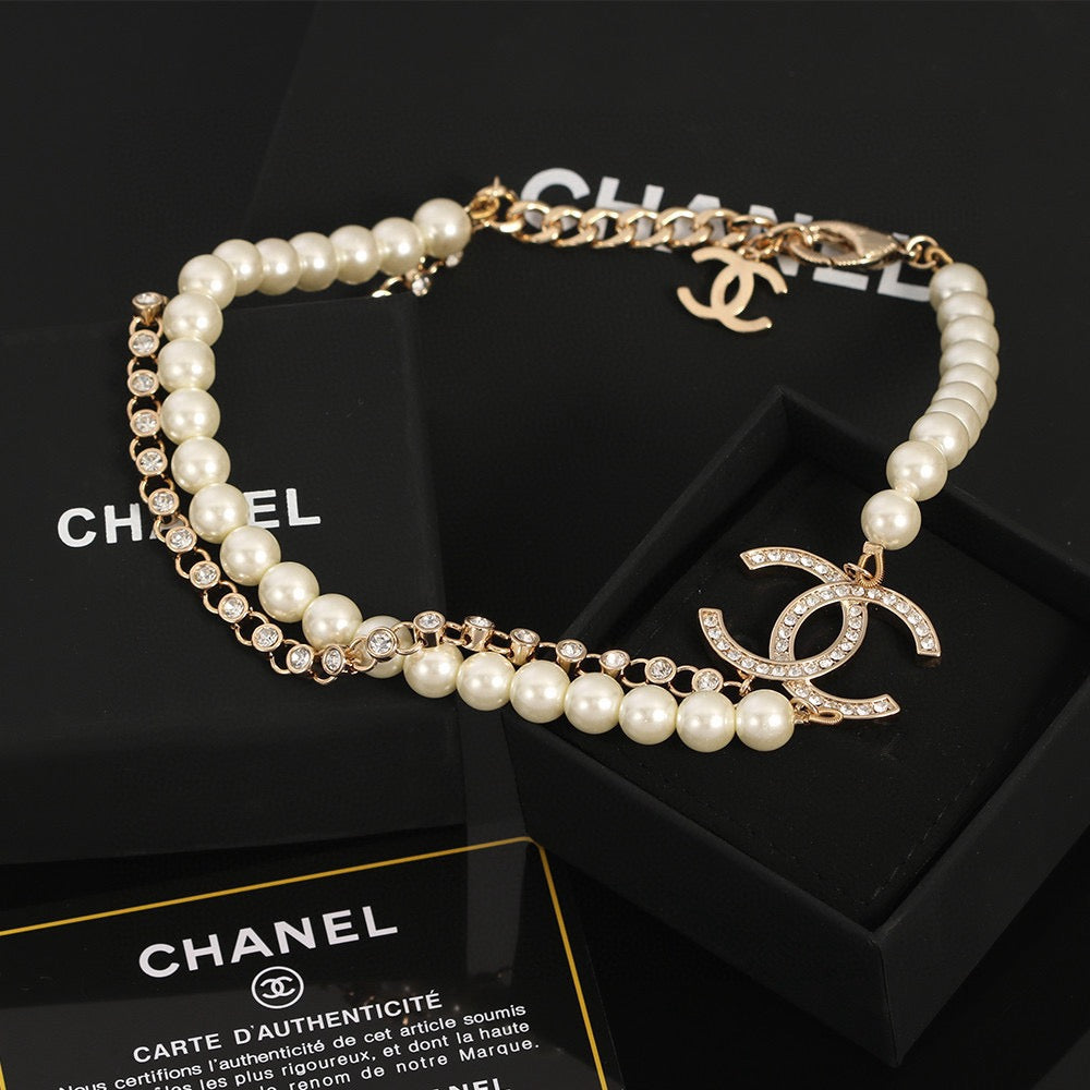 Double-C Emblem Pearl-Detail Pendant Necklace – Pearl Detail – Design 055 main product view
