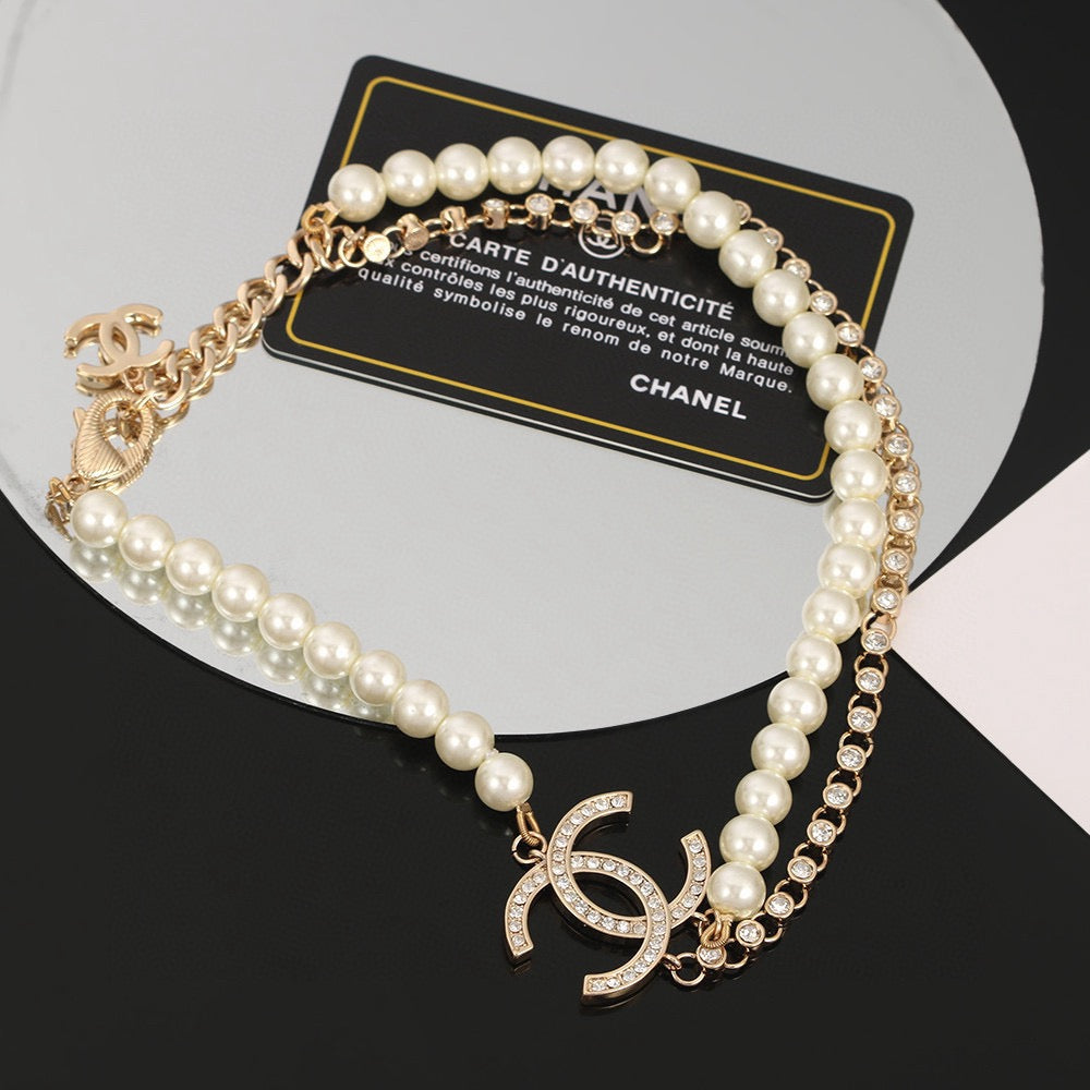 Double-C Emblem Pearl-Detail Pendant Necklace – Pearl Detail – Design 055 front product view