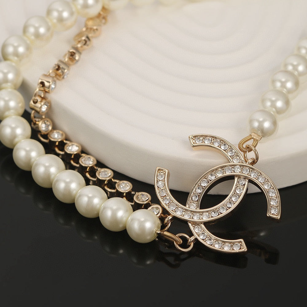Double-C Emblem Pearl-Detail Pendant Necklace – Pearl Detail – Design 055 detail view