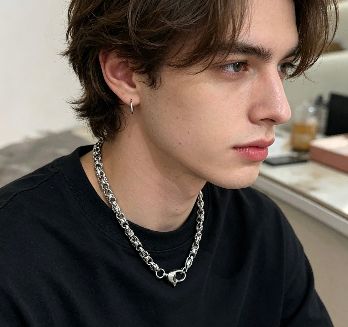 Geometric Emblem Pendant Necklace in Polished Metal-Tone – Design 011 styled product view