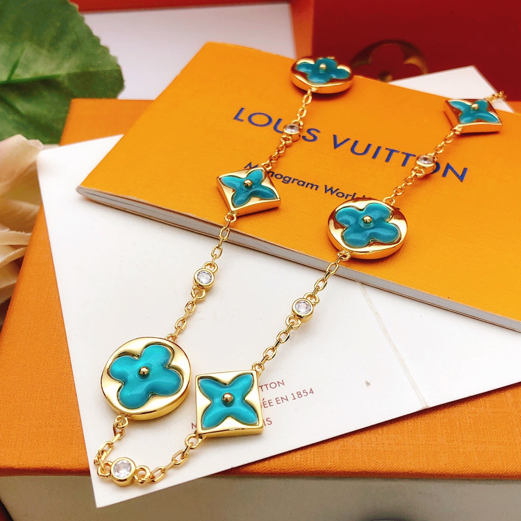 Geometric Emblem Pendant Necklace in Gold-Tone – Blue Detail – Design 003 main product view