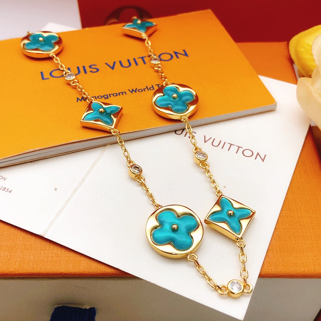Geometric Emblem Pendant Necklace in Gold-Tone – Blue Detail – Design 003 detail view