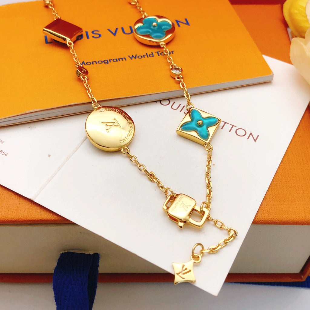 Geometric Emblem Pendant Necklace in Gold-Tone – Blue Detail – Design 003 side detail