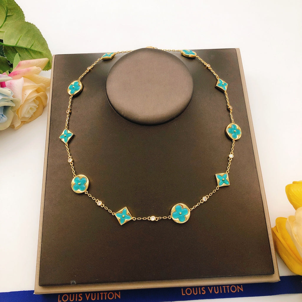 Geometric Emblem Pendant Necklace in Gold-Tone – Blue Detail – Design 003 front product view
