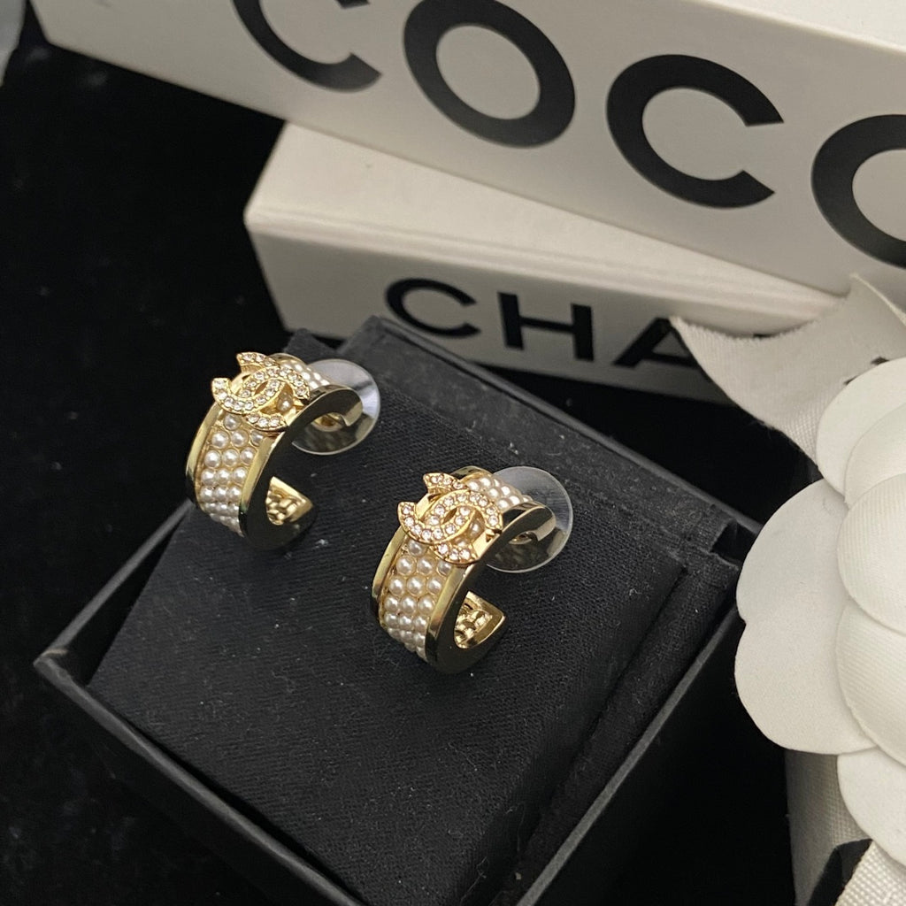 Double-C Emblem Pearl-Detail Stud Earrings – Pearl Detail – Design 011 front product view