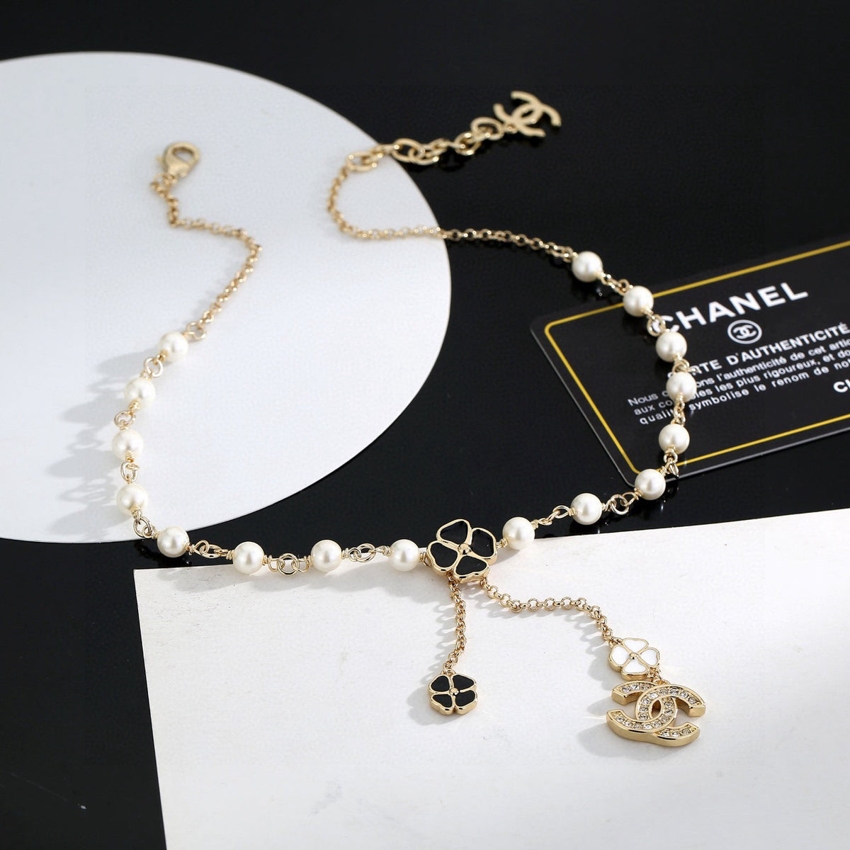 Double-C Emblem Pearl-Detail Pendant Necklace – Pearl Detail – Design 063 detail view