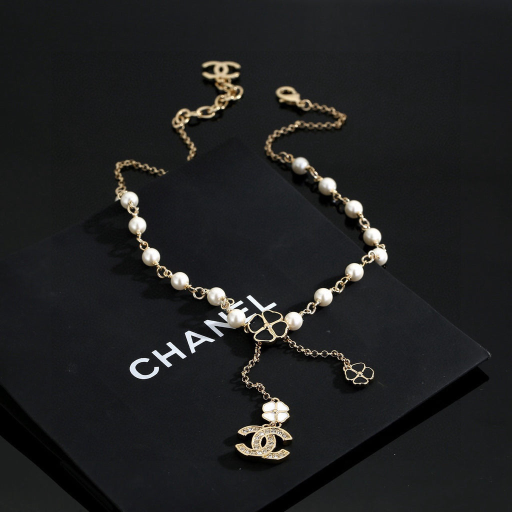 Double-C Emblem Pearl-Detail Pendant Necklace – Pearl Detail – Design 082 front product view