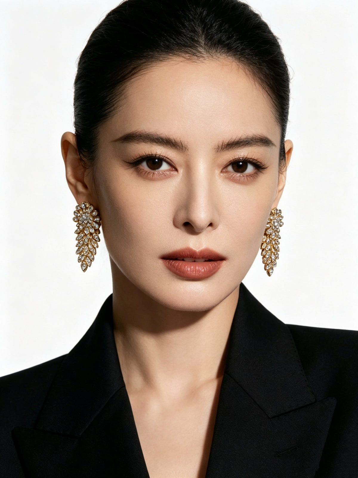 Floral Stud Earrings in Polished Metal-Tone – Crystal Detail – Design 02 close-up detail