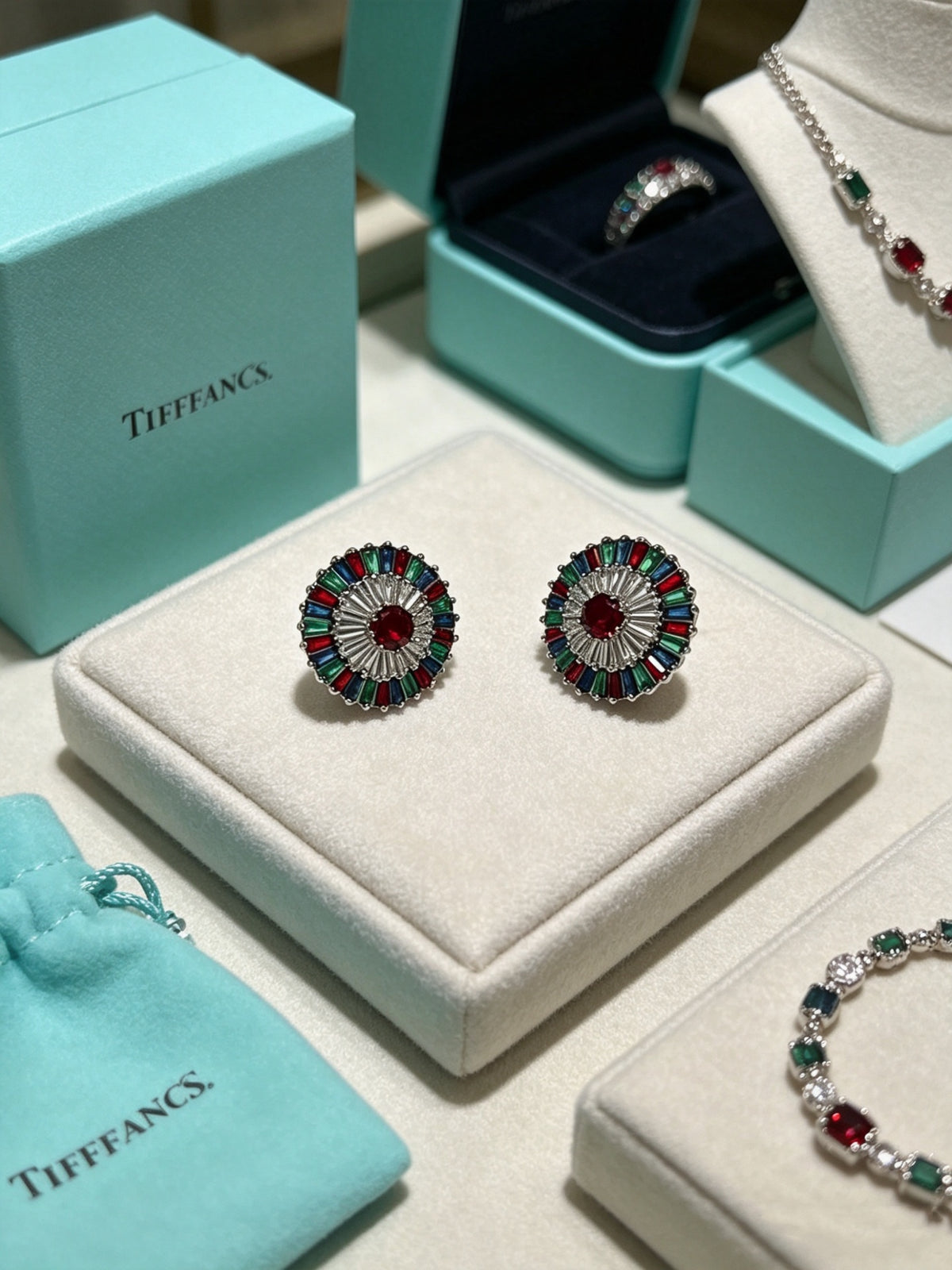 Floral Stud Earrings in Polished Metal-Tone – Crystal Detail close-up detail