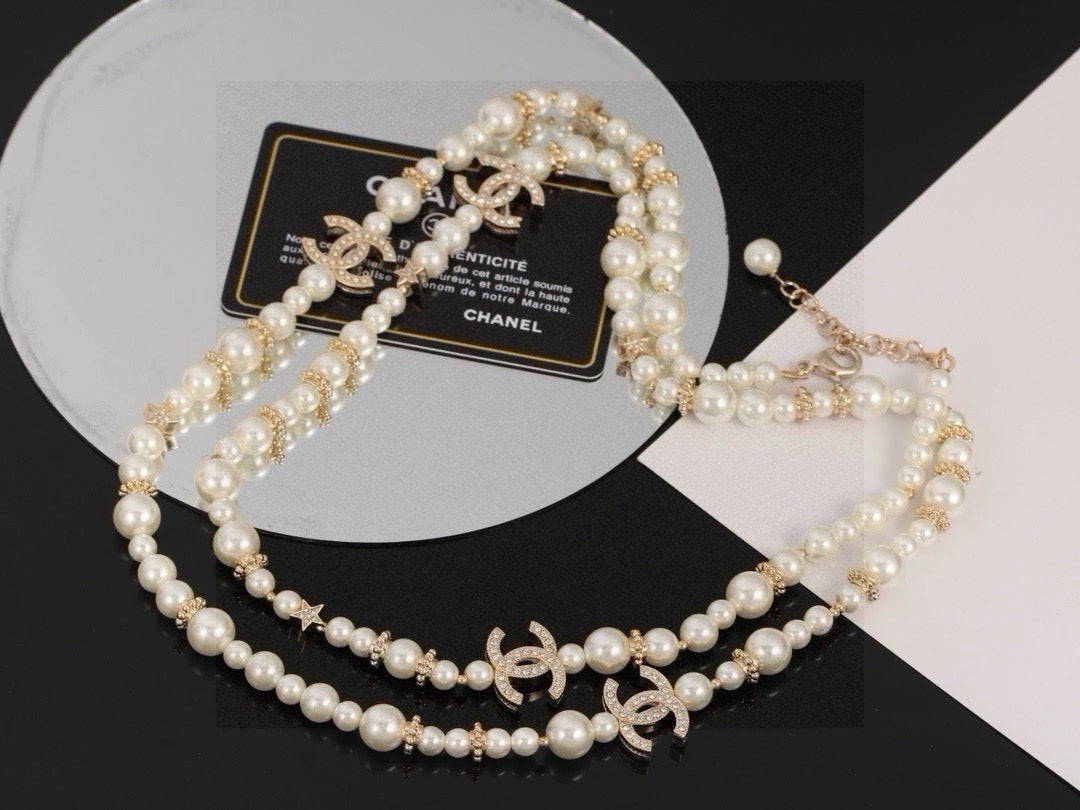 Double-C Emblem Pearl-Detail Pendant Necklace – Pearl Detail – Design 086 front product view