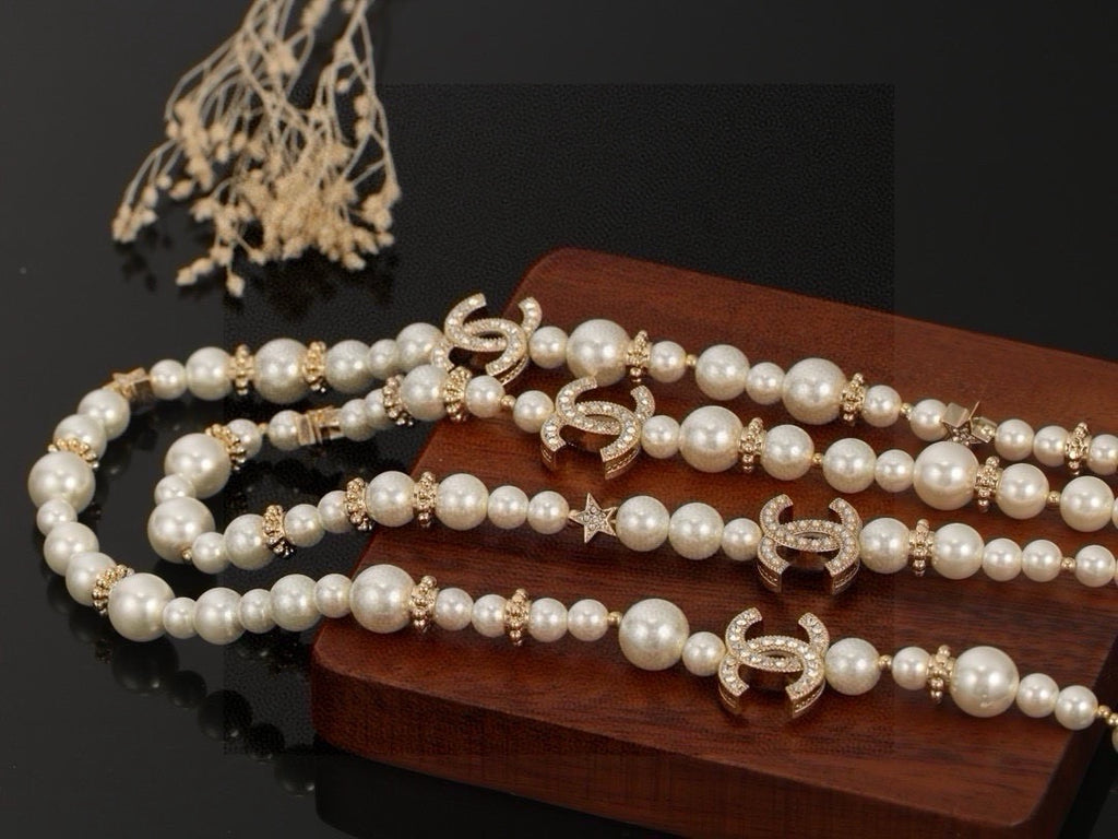 Double-C Emblem Pearl-Detail Pendant Necklace – Pearl Detail – Design 086 styled product view