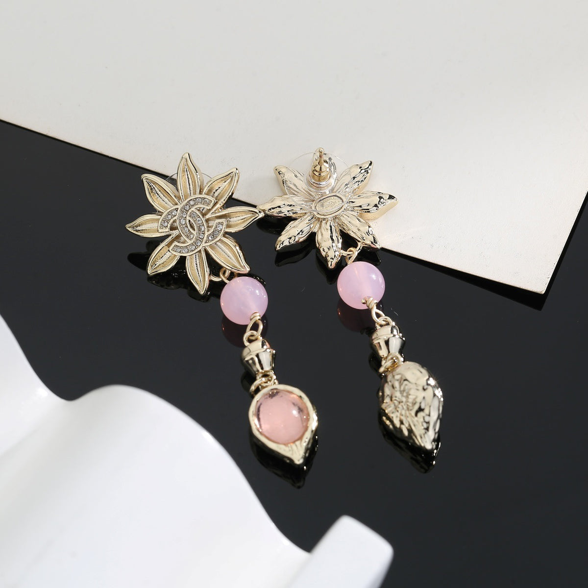 Double-C Emblem Stud Earrings in Gold-Tone – Design 028 side detail