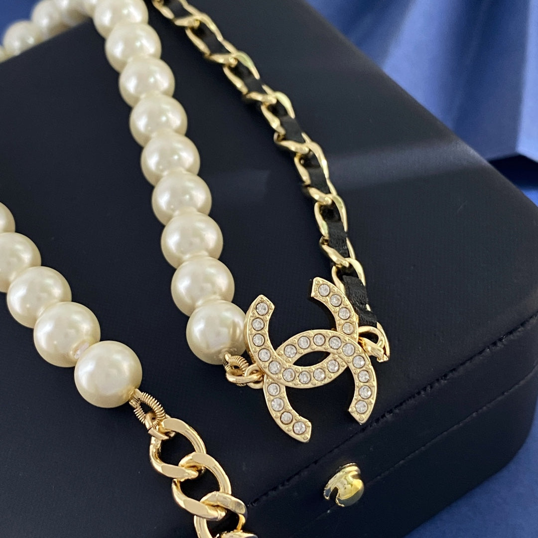 Double-C Emblem Pearl-Detail Pendant Necklace – Pearl Detail – Design 111 front product view