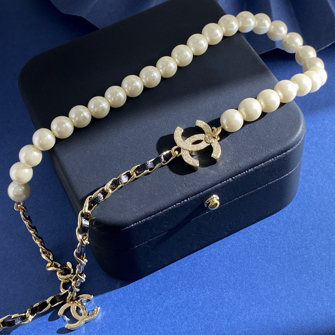Double-C Emblem Pearl-Detail Pendant Necklace – Pearl Detail – Design 111 detail view