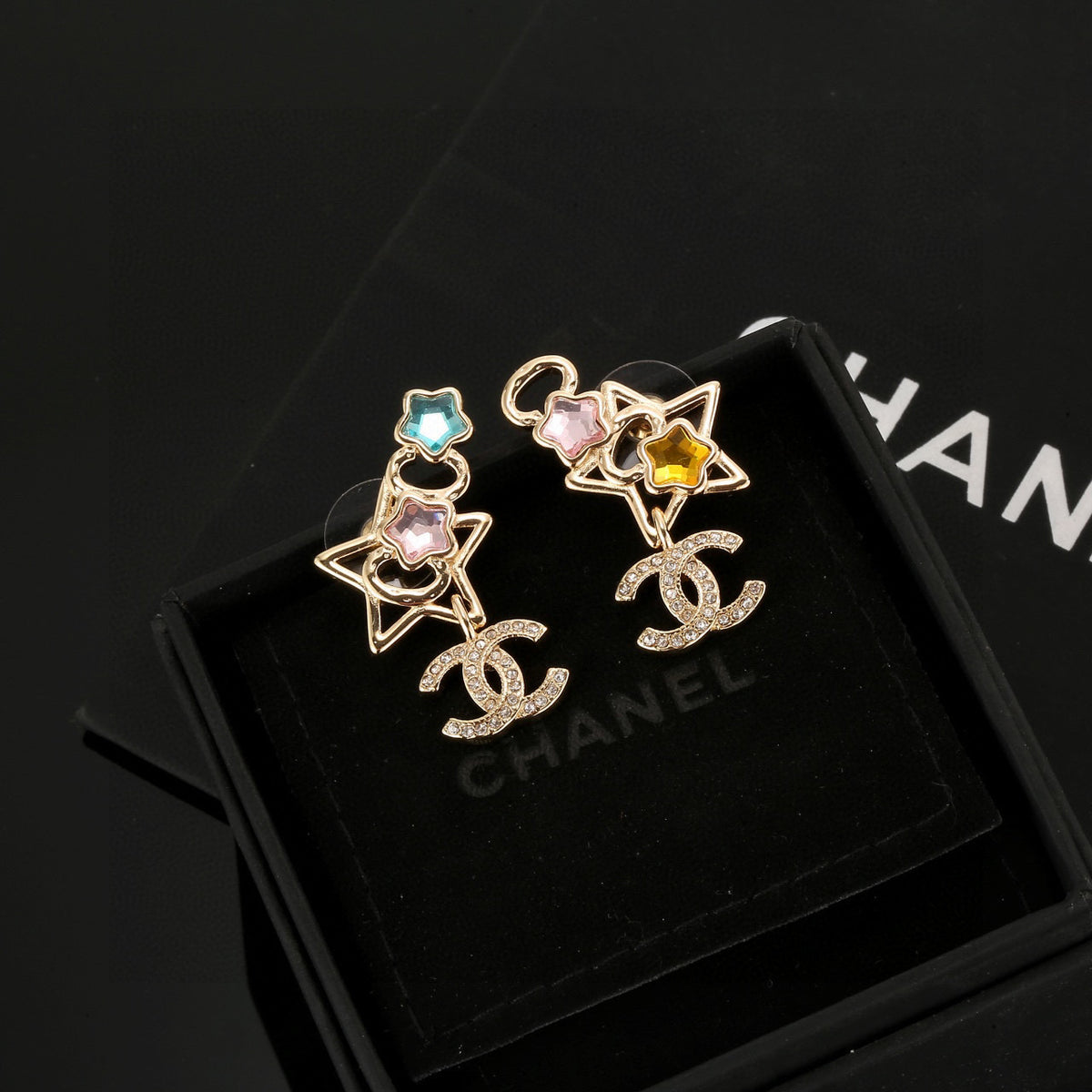 Double-C Emblem Stud Earrings in Gold-Tone – Star Detail – Design 005 main product view