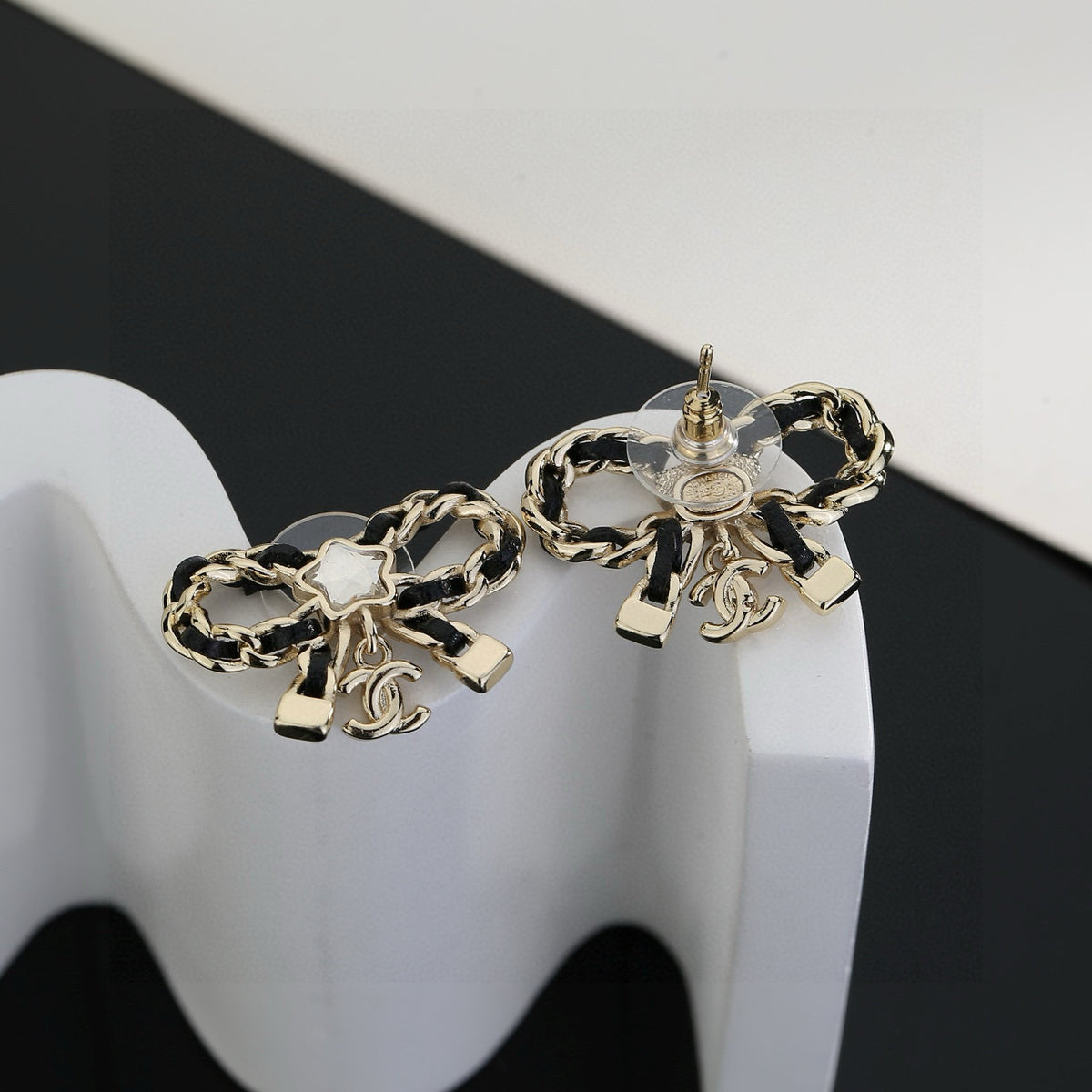Double-C Emblem Stud Earrings in Polished Metal-Tone – Design 285 styled product view
