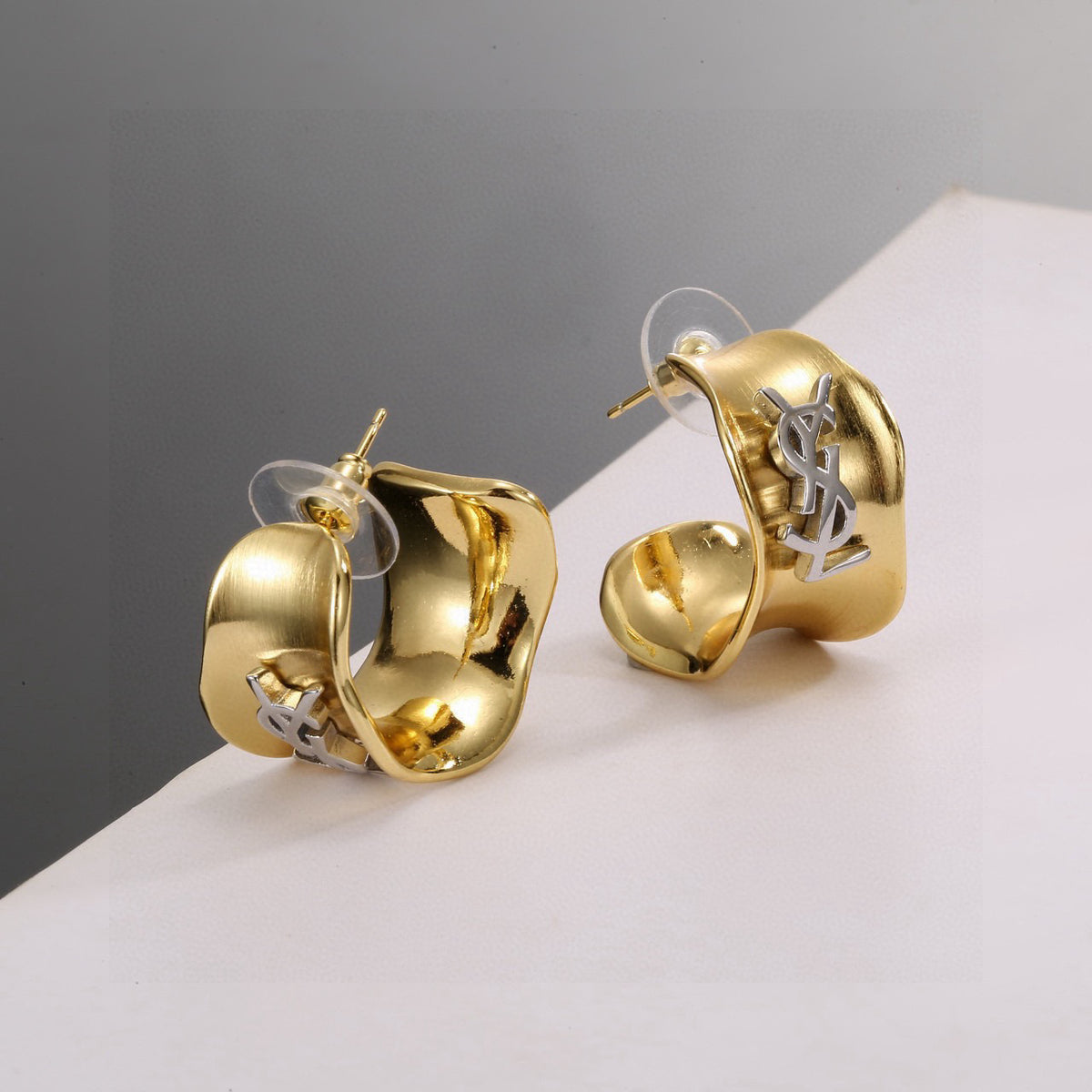 Geometric Emblem Stud Earrings in Gold-Tone – Design 010 front product view