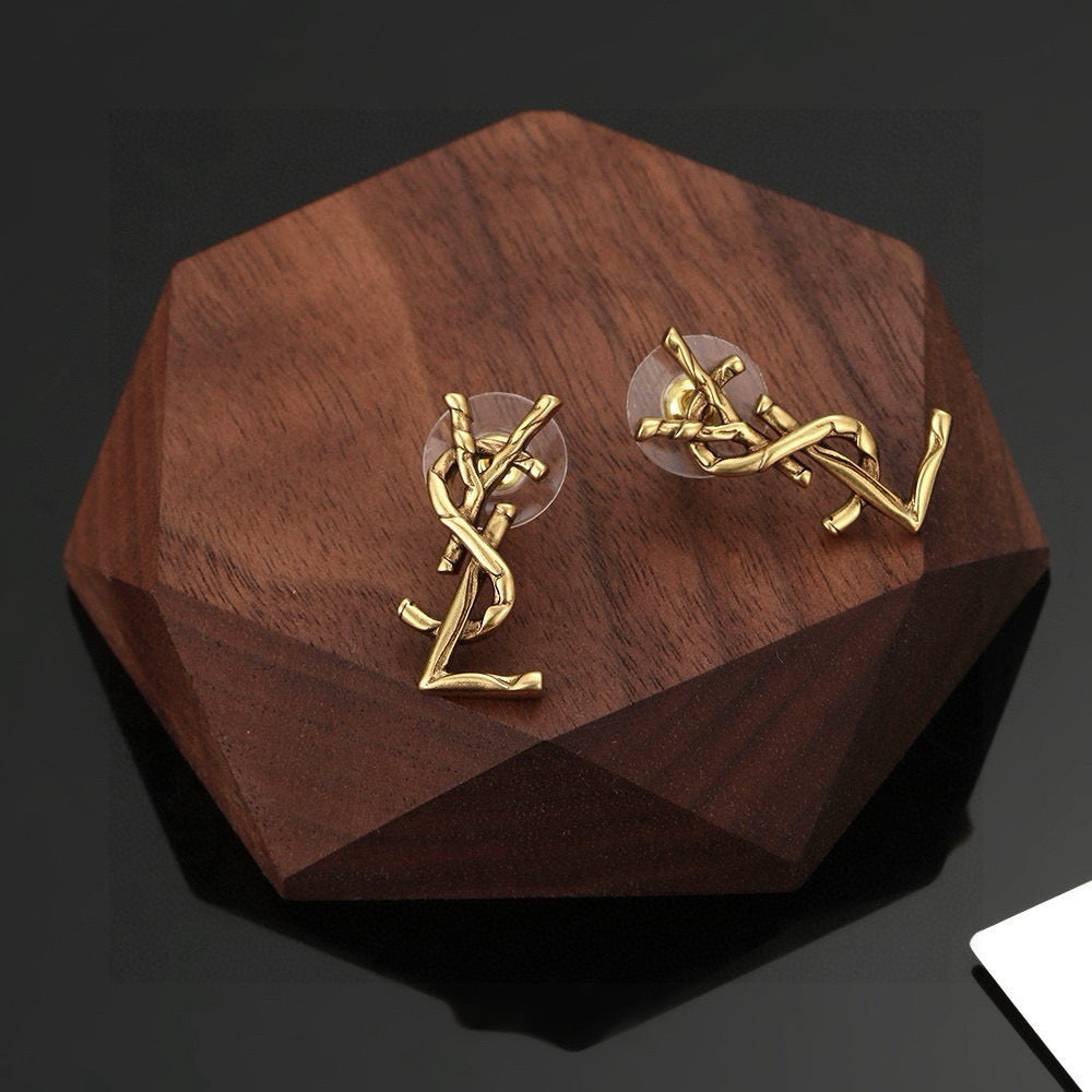 Geometric Emblem Stud Earrings in Gold-Tone – Design 009 side detail