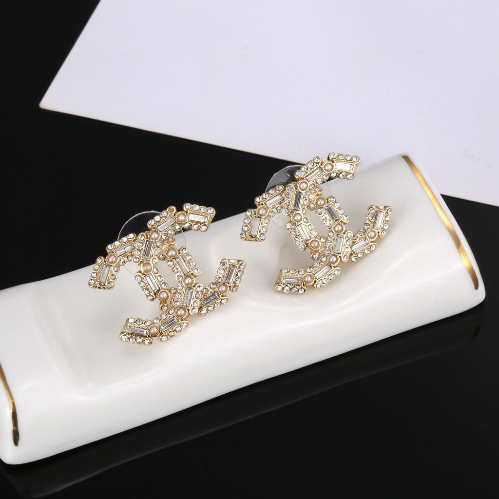 Double-C Emblem Crystal-Accent Stud Earrings – Design 037 front product view