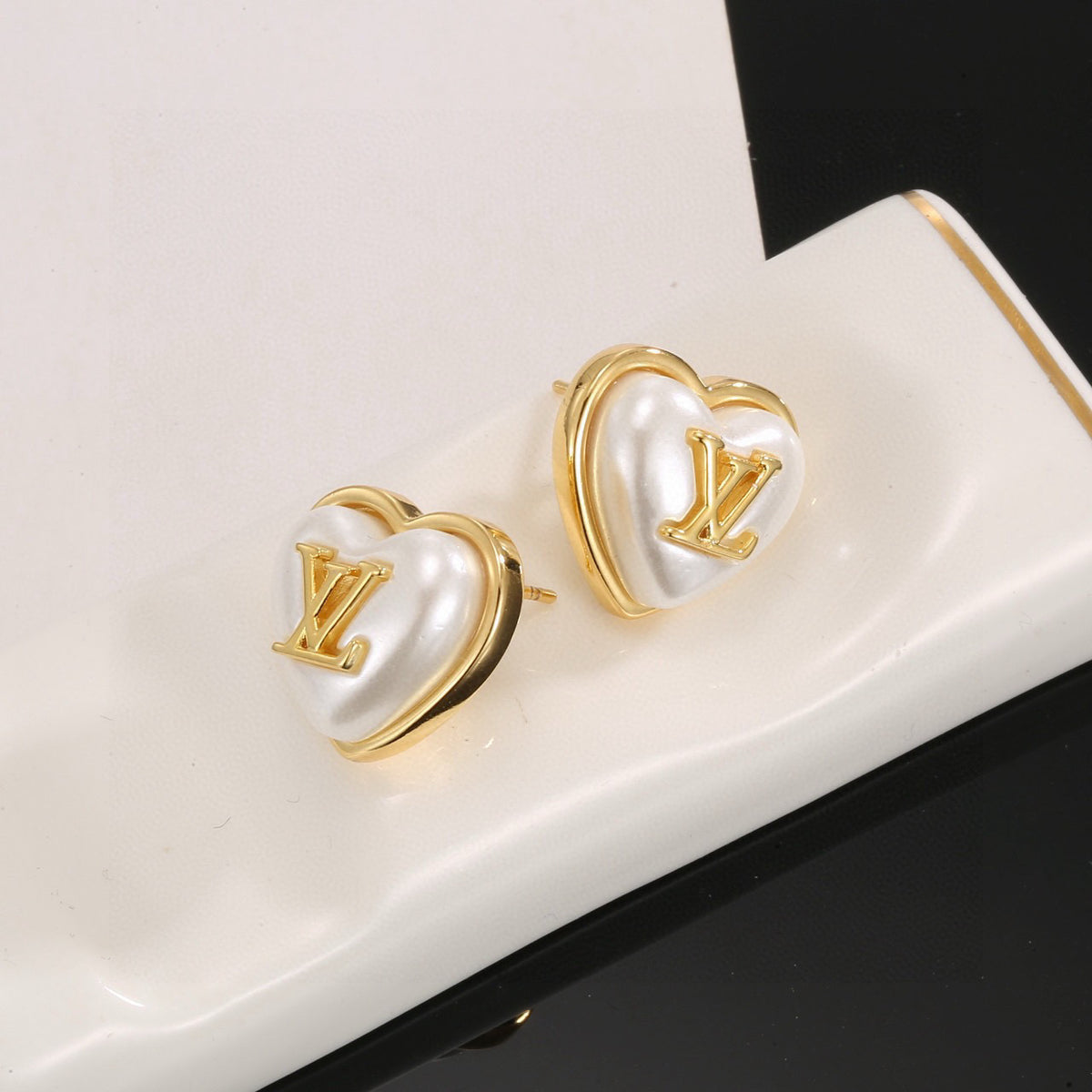 Letter Emblem Stud Earrings in Polished Metal-Tone – Design 021 side detail