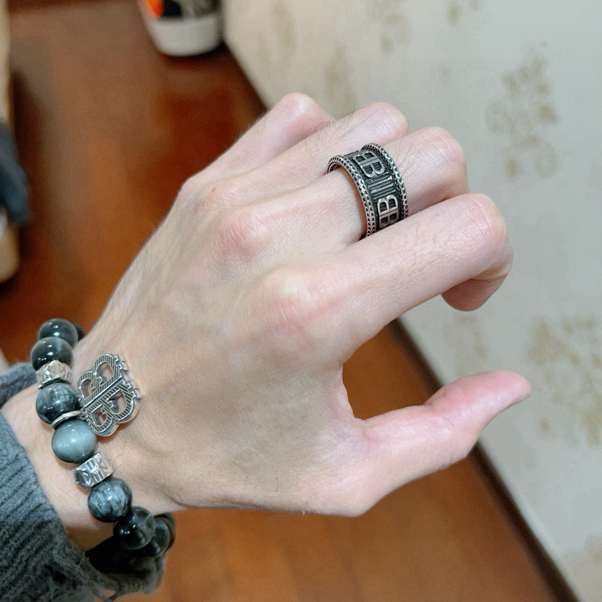 Geometric Emblem Statement Ring in Polished Metal-Tone – Vintage Detail – Design 003 detail view