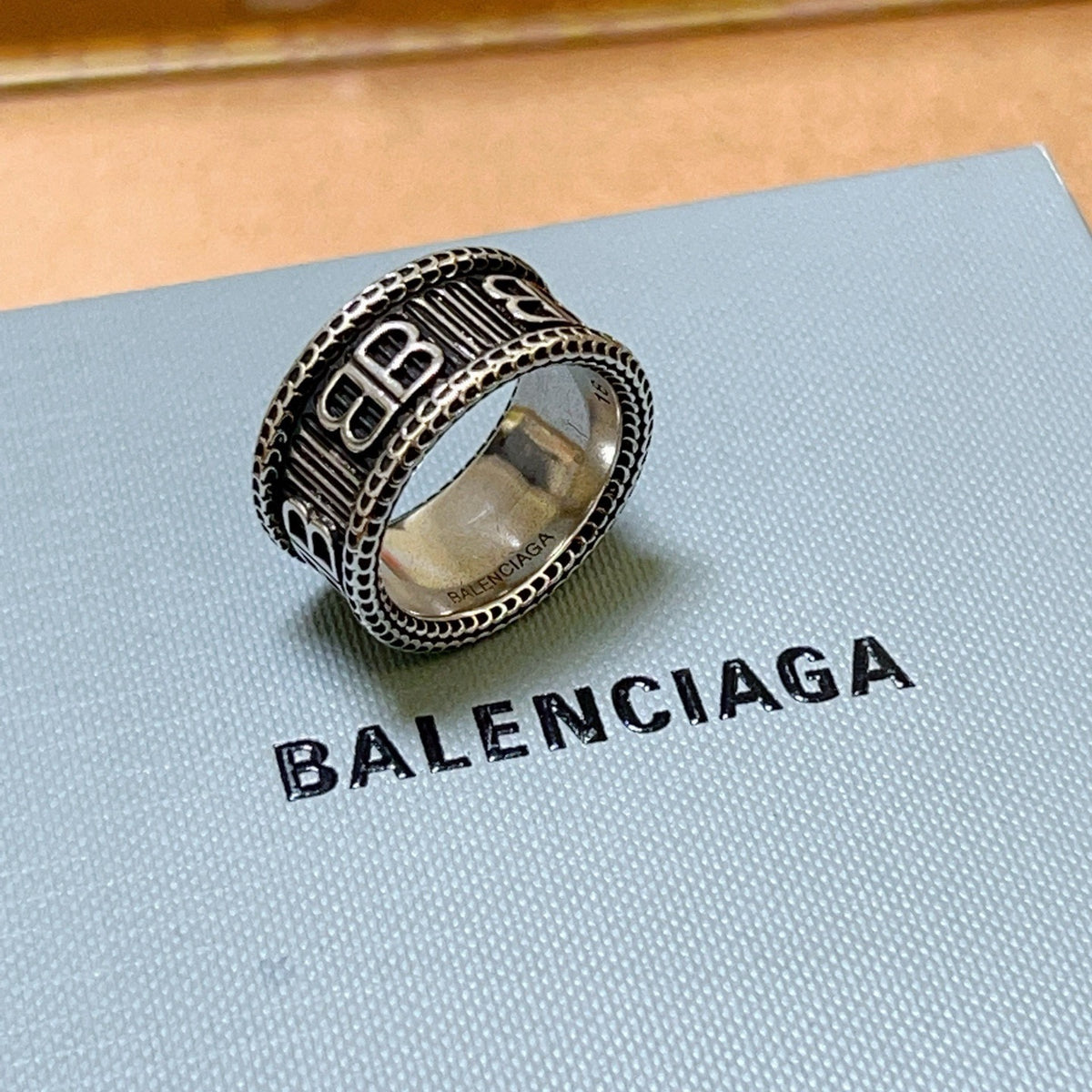 Geometric Emblem Statement Ring in Polished Metal-Tone – Vintage Detail – Design 003 detail view