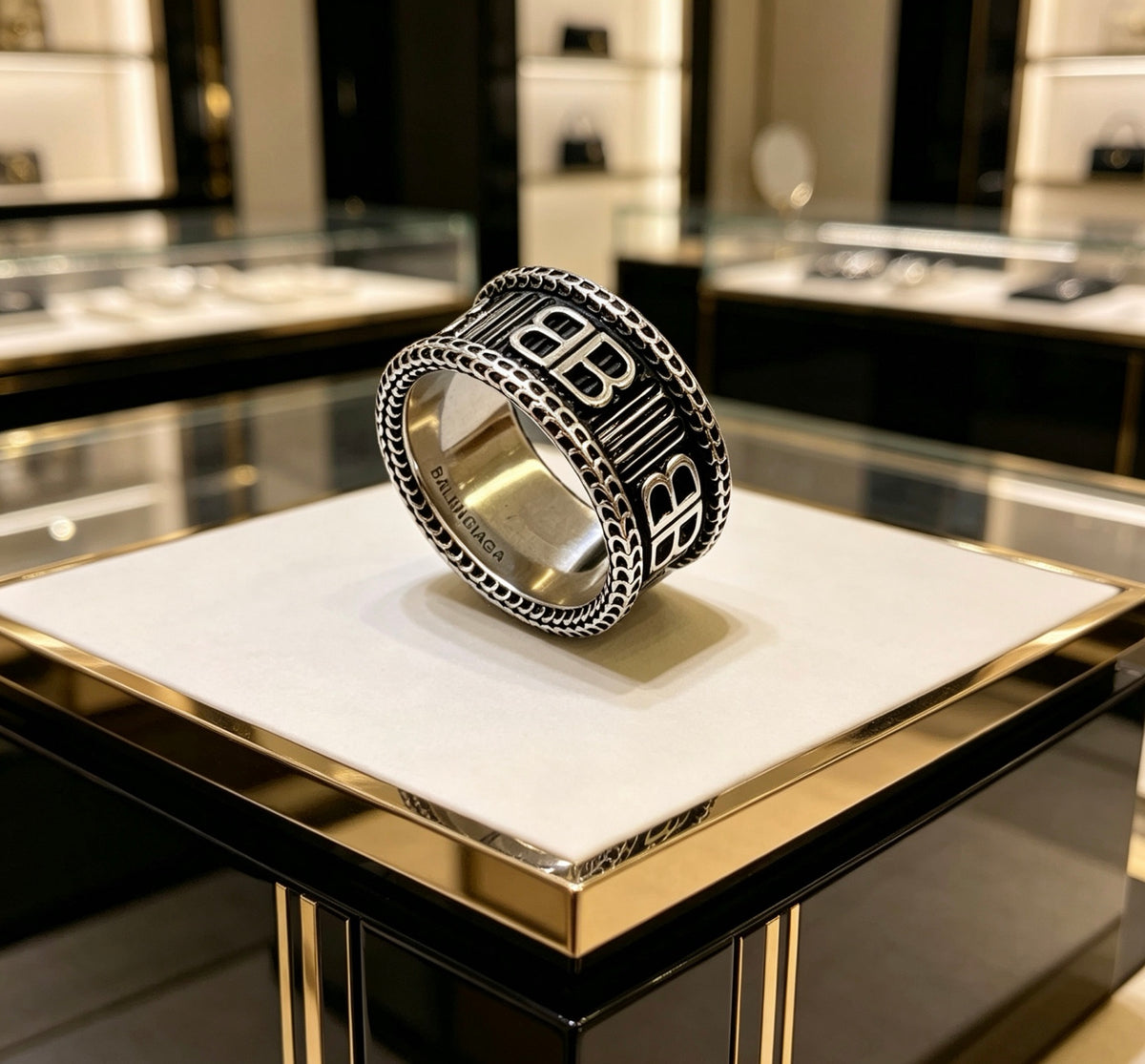 Geometric Emblem Statement Ring in Polished Metal-Tone – Vintage Detail – Design 003 main product view