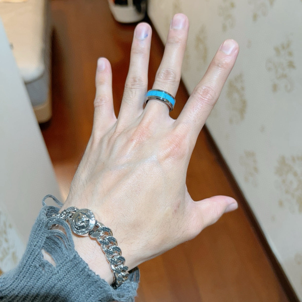 Geometric Emblem Statement Ring in Polished Metal-Tone – Design 096 front product view