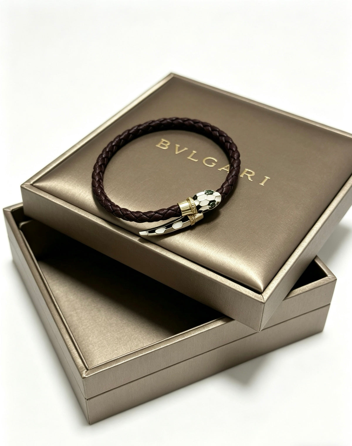 Geometric Emblem Braided Bracelet in Polished Metal-Tone – Design 002 detail view