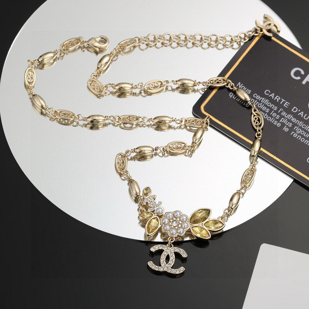 Double-C Emblem Pearl-Detail Pendant Necklace – Pearl Detail – Design 073 side detail