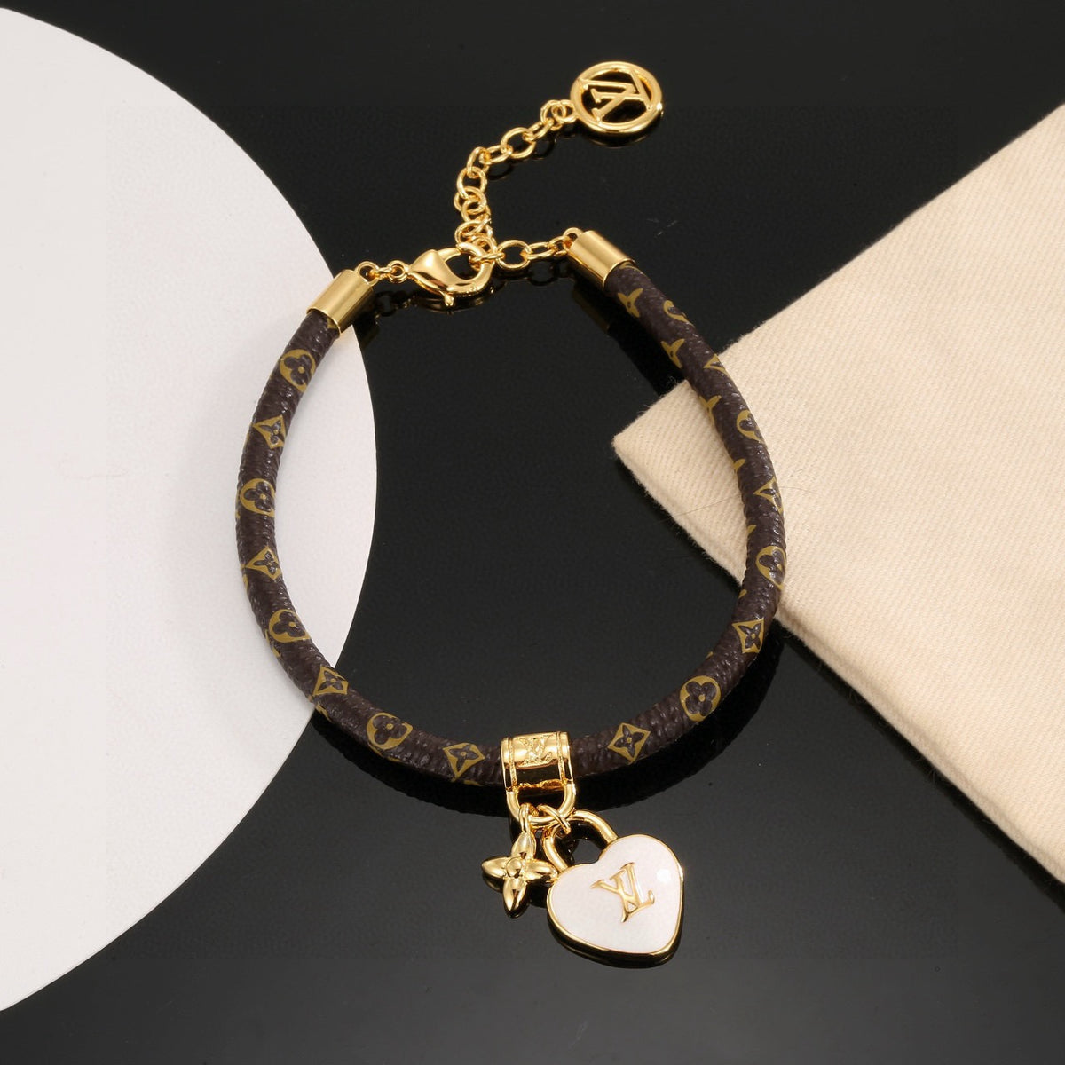 Geometric Emblem Leather-Detail Bracelet – Leather Detail – Design 009 front product view
